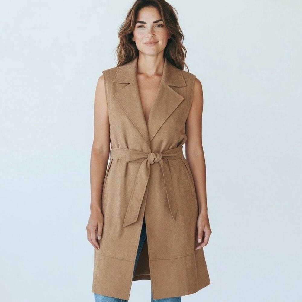EE:Some Women's Long Vest Size Large Camel Sleeveless Belted Tie Waist